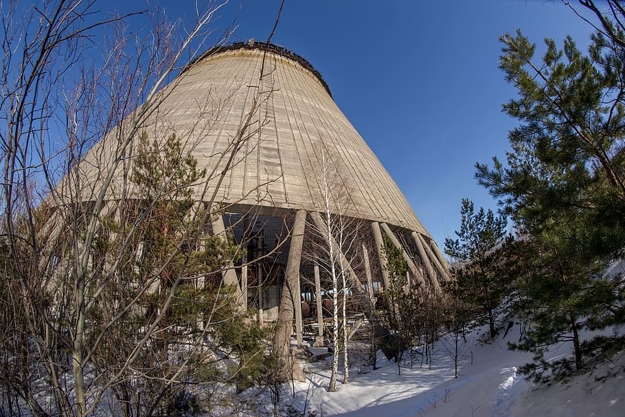 cooling tower, reactor, unfinished, snow, exclusion zone, winter