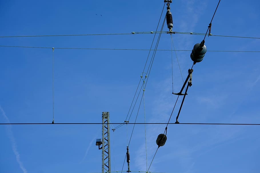 railway, technology, insulator, energy, current, power line HD wallpaper