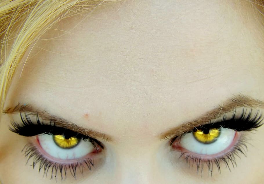photo of woman's yellow contact lens, eye, green, vampire, gene HD wallpaper