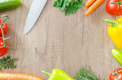 silver kitchen knife and assorted vegetables, wood, fresh, organic HD wallpaper