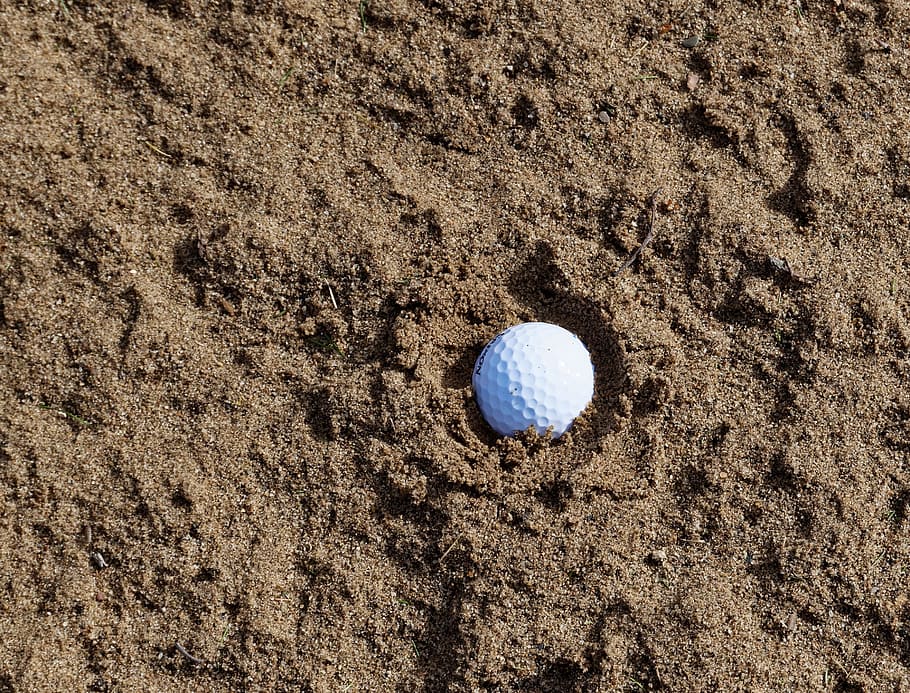 golf ball in brown soil, sand, bunker, trap, sport, course HD wallpaper