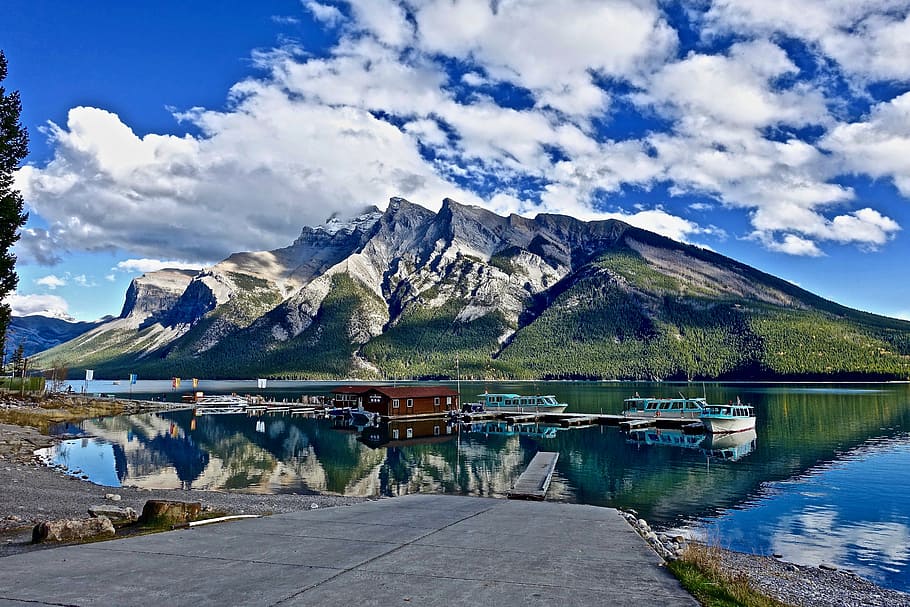boats on body of water near mountain, scenic, peaceful, reflection HD wallpaper