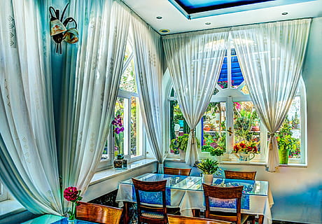 rectangular clear glass dining table with four brown wooden chairs inside room with white and green curtains HD wallpaper