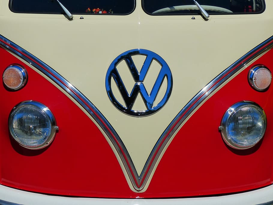 white and red Volkswagen T1 display, oldtimer, bus, vehicle, classic