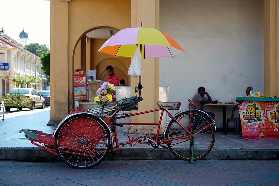 penang, trishaw, asia, color, tourism, architecture, transportation