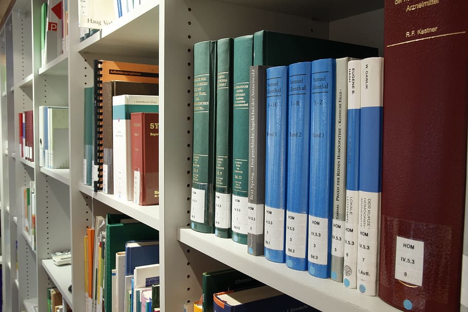 educational books on white wooden shelf, science, library, read HD wallpaper