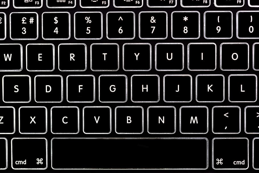 Overhead shot of the backlit keyboard of a laptop computer, technology