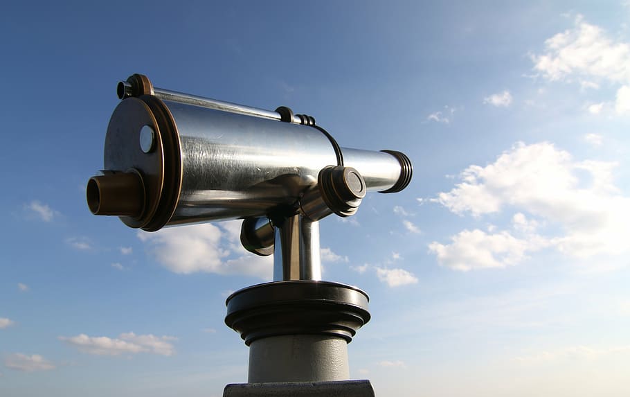 low angle photography of telescope, sky, cyan, silver, coins telescope HD wallpaper