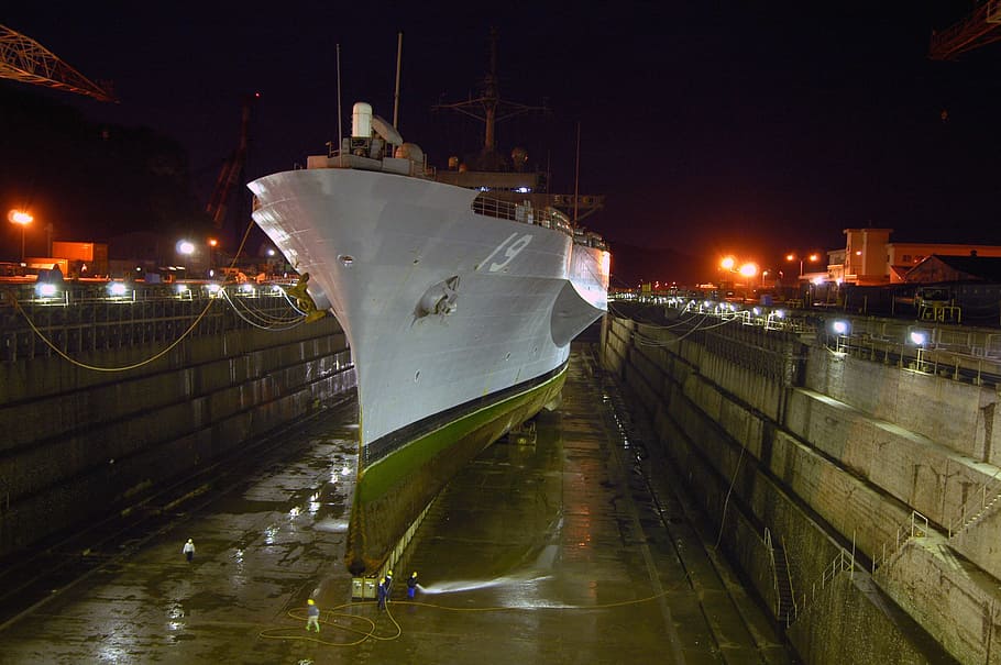 yokosuka, japan, uss blue ridge, battleship, dry dock, lights, HD wallpaper