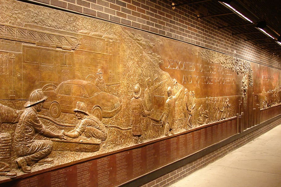 brown wooden wall with sculptures, fireman's, memorial, firefighter HD wallpaper