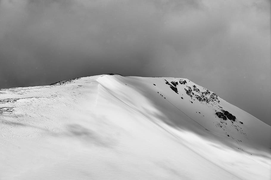 mountain under snow, dark clouds over alp mountain, To the Top HD wallpaper