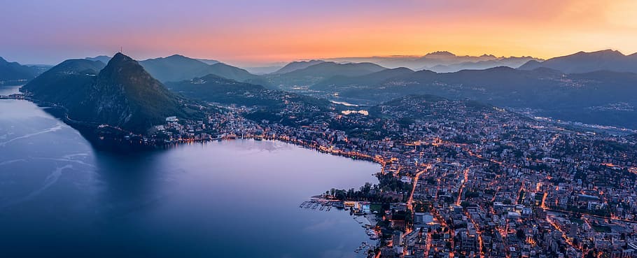 aerial view of city, urban, mountain, aesthetic, lake, water