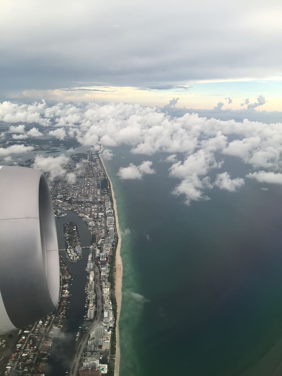 plane, engine, view, aerial, flying, clouds, land, air travel HD wallpaper