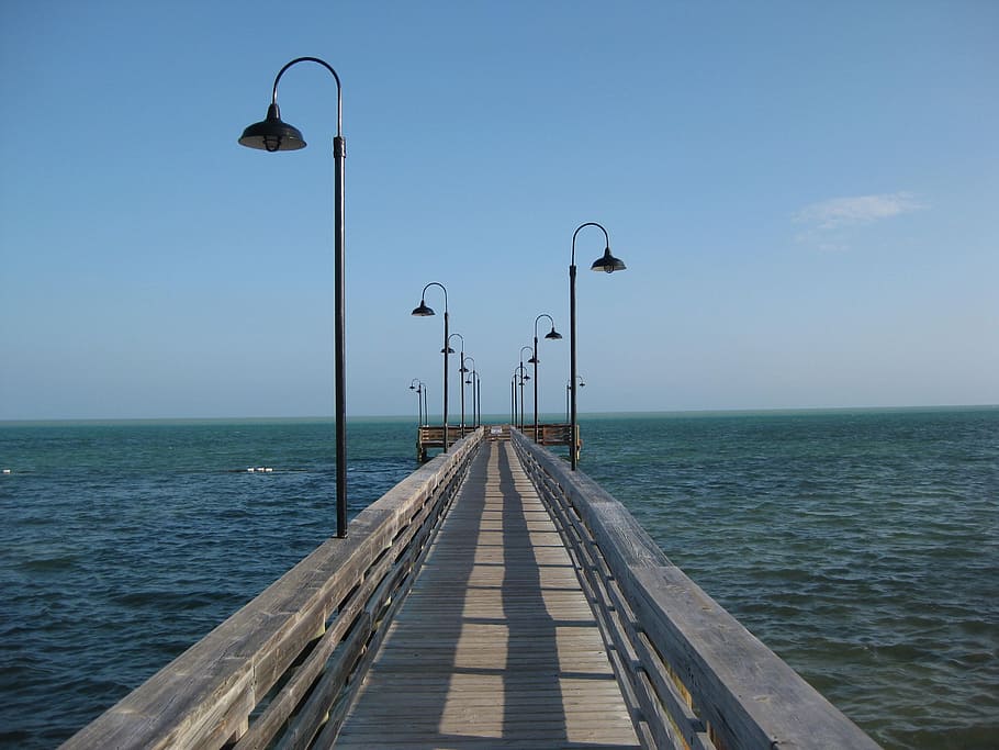 florida, coast, bridge, water, sea, getaway, lamp, foot bridge, HD wallpaper