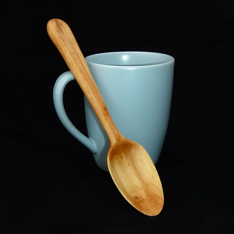 mug, spoon, carved spoon, wooden spoon, handmade, breakfast, HD wallpaper