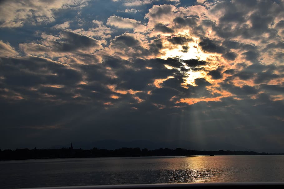 clouds, sun, lake constance, romantic, sunset, setting sun HD wallpaper