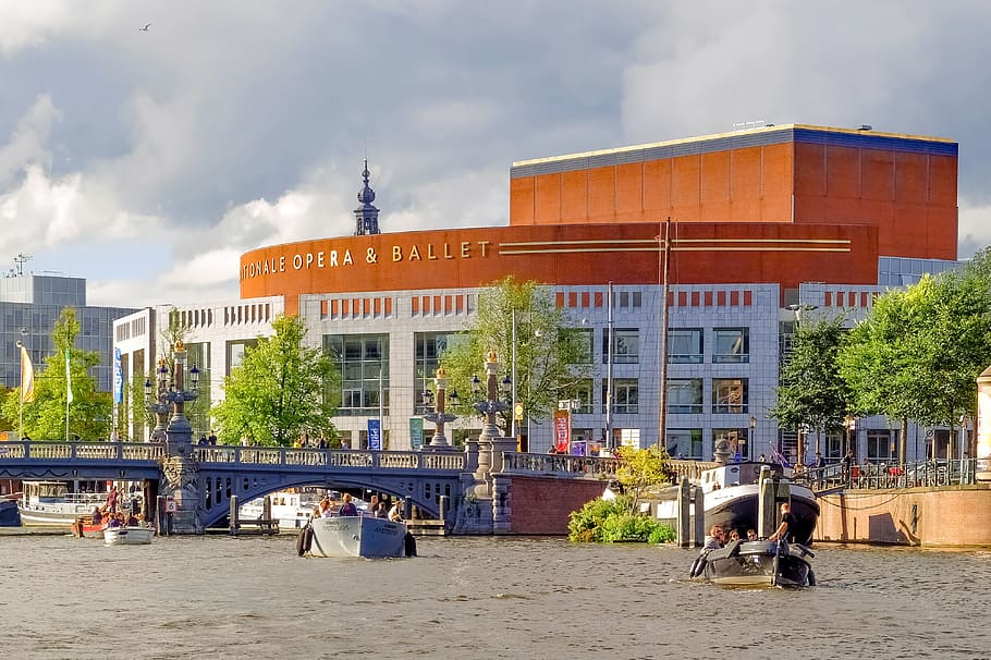 opera, ballet, monument, building, national, canal, boat, evening HD wallpaper