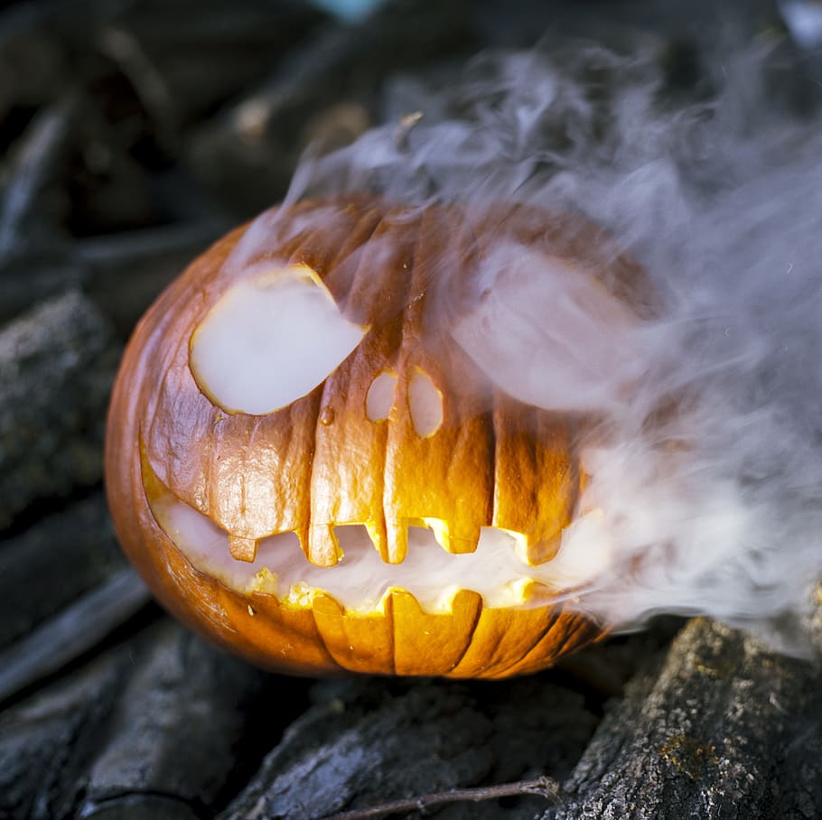 jack 'o lantern with smoke, halloween, spooky, jack-o-lantern, HD wallpaper