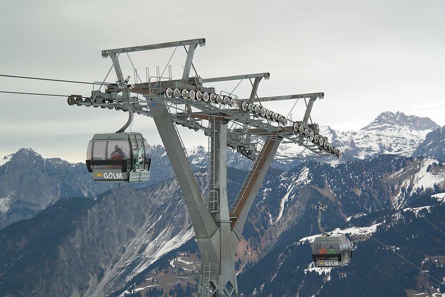 gondola, cable car, ski area, skiing, montafon, golm, masts, HD wallpaper