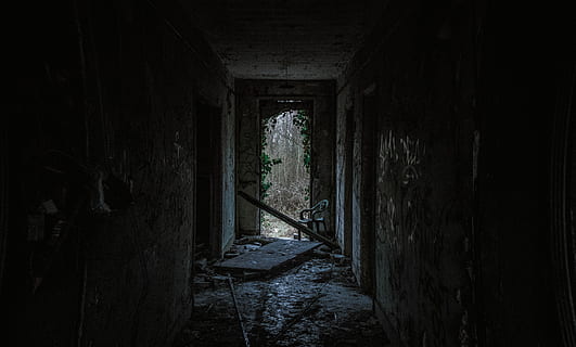 dark room photo, abandoned concrete hallway, broken, darkness HD wallpaper