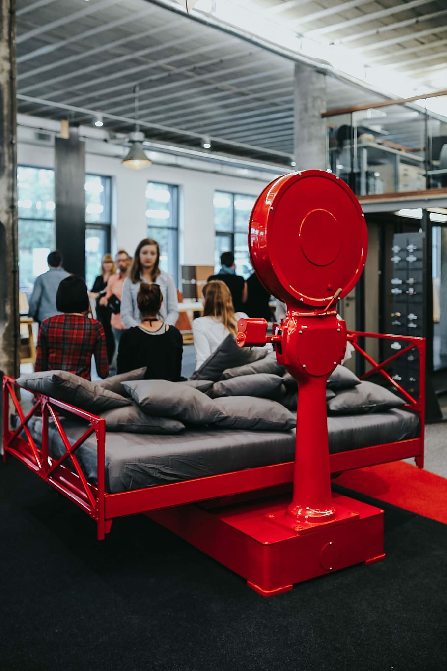 Beds and pillows at an exhibition, red, weight, scales, cushions HD wallpaper