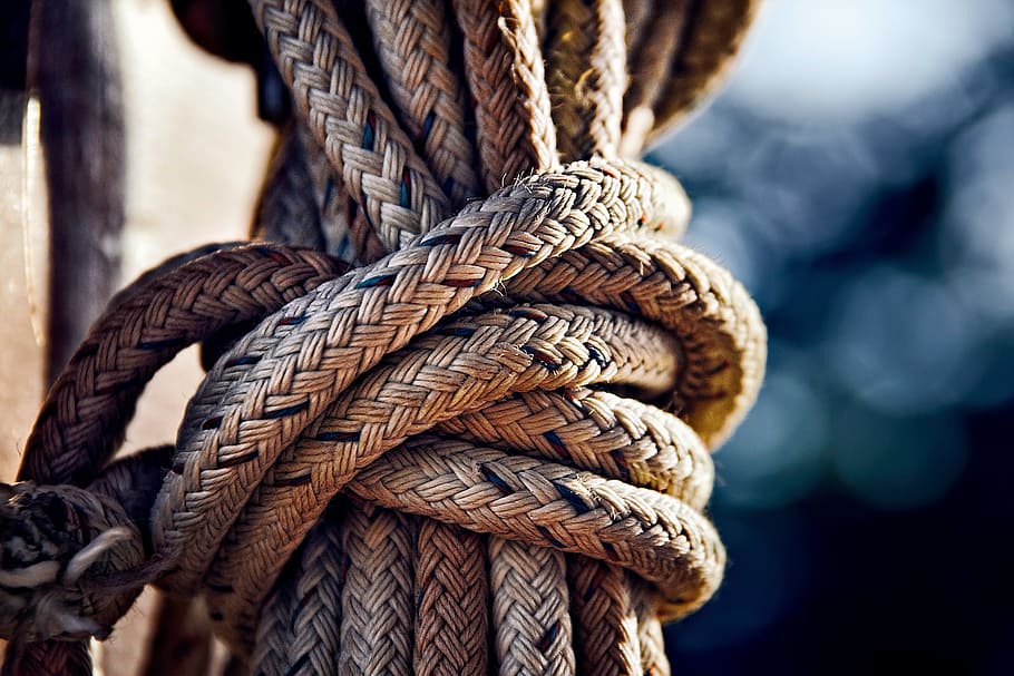 brown ropes, knot, tied, twisted, boat, nautical, sea, seafaring