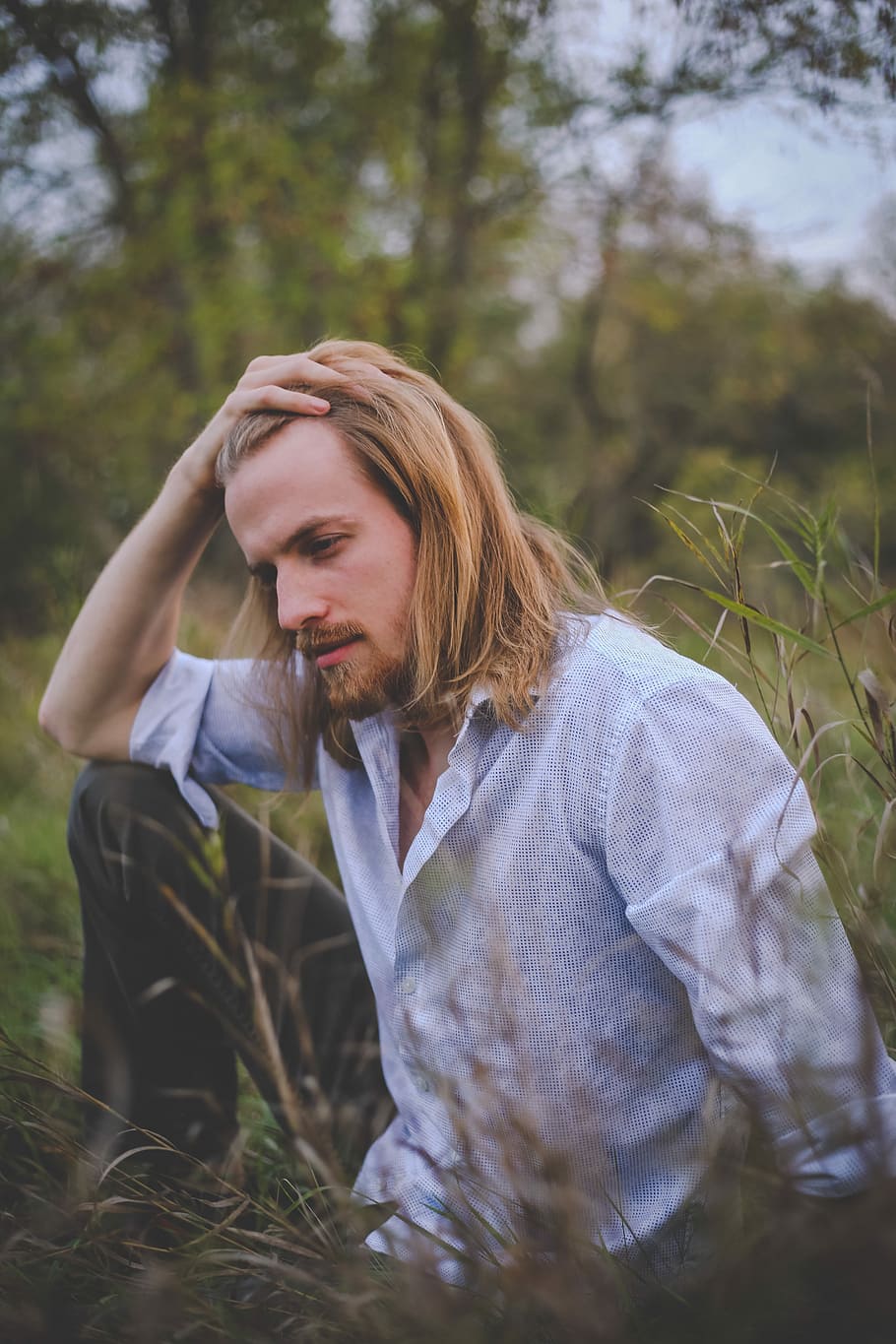Joe 4, selective focus photography of man wearing white and blue collared button-up dress shirt sitting on green grass field during daytime HD wallpaper