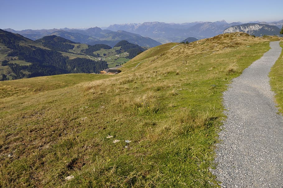 hike, mountains, view, alpine, mountain nature, road, landscape HD wallpaper