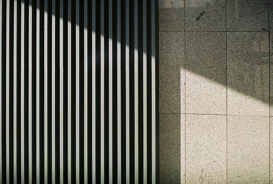 grey floor tiles, close-up photo of black striped wall, building HD wallpaper