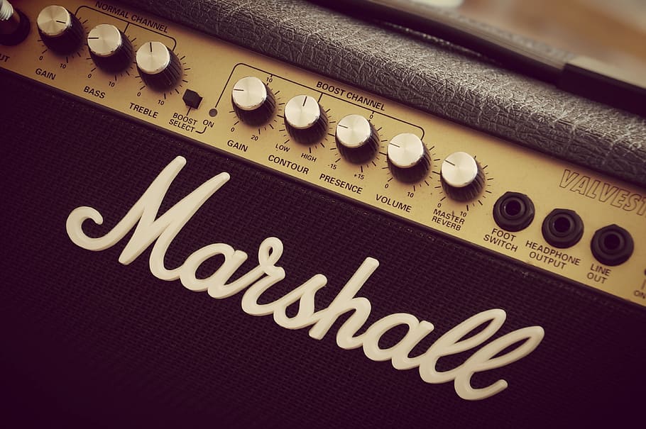 black Marshall guitar amplifier, electric guitar, black white