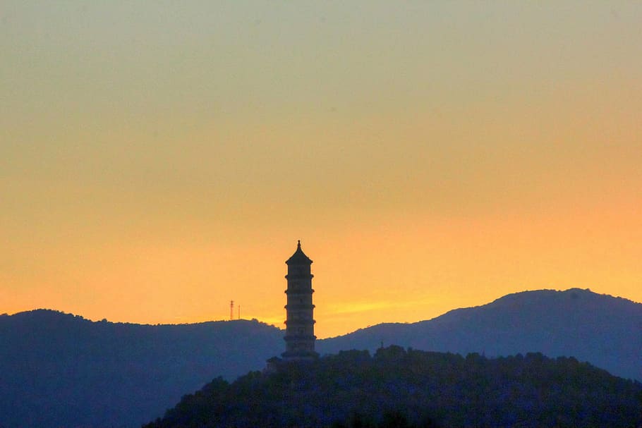 sunset, red, sky, pagoda, hills, mountains, landscape, scenic HD wallpaper