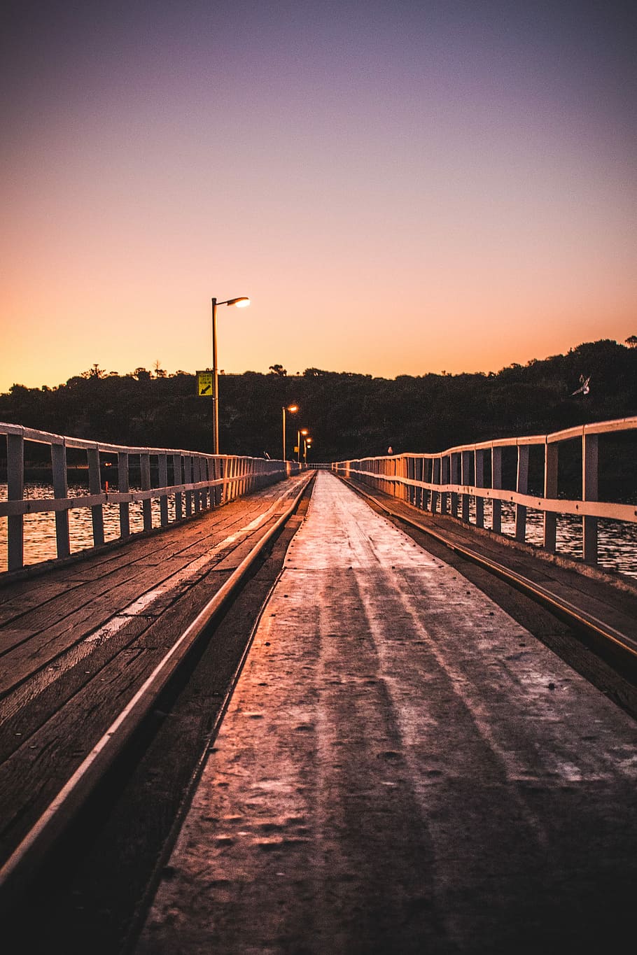 photo of brown and grey wooden beach dock near hill under clear blue sky, person showing brown wooden bridge in front of trees HD wallpaper
