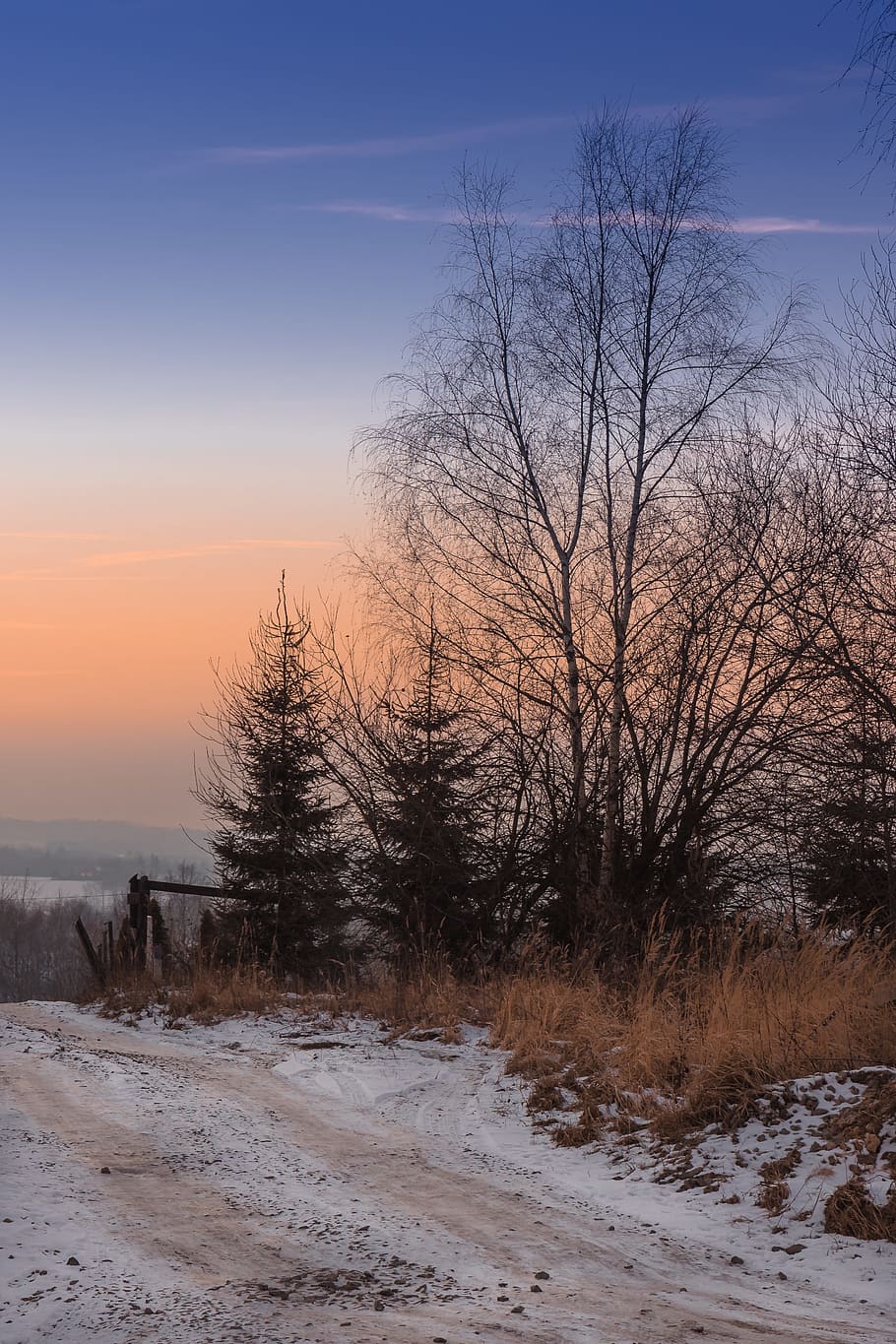 Twilight, Sunset, Winter, Landscape, winter landscape, evening HD wallpaper