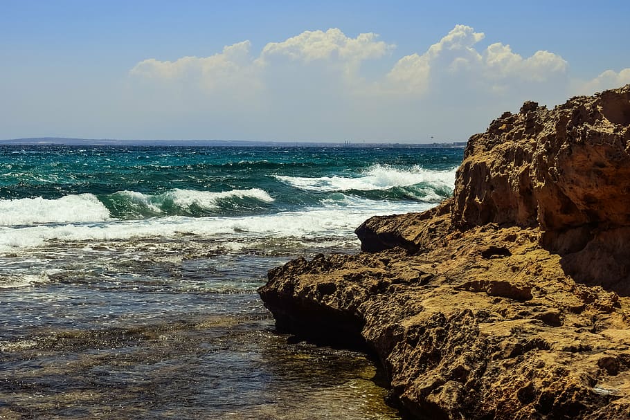 rocky coast, waves, sky, clouds, nature, landscape, cliff, scenery HD wallpaper