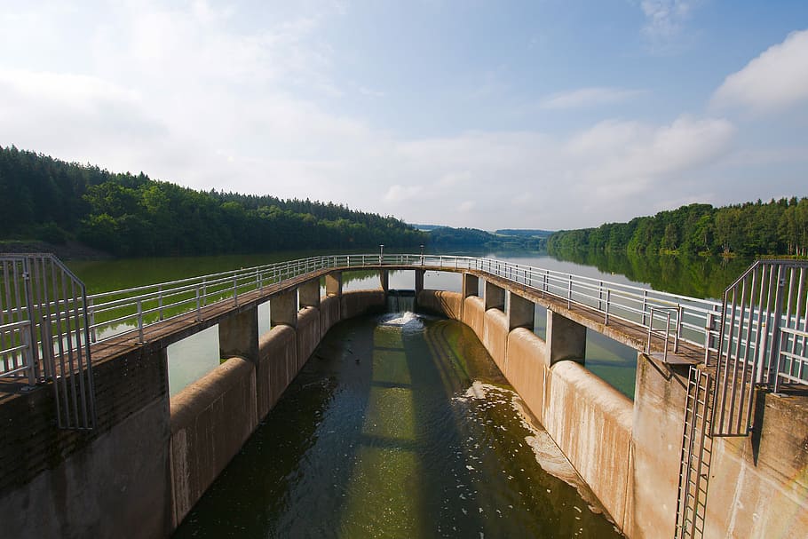 waters, river, bridge, lake, sky, dam, landscape, reservoir HD wallpaper