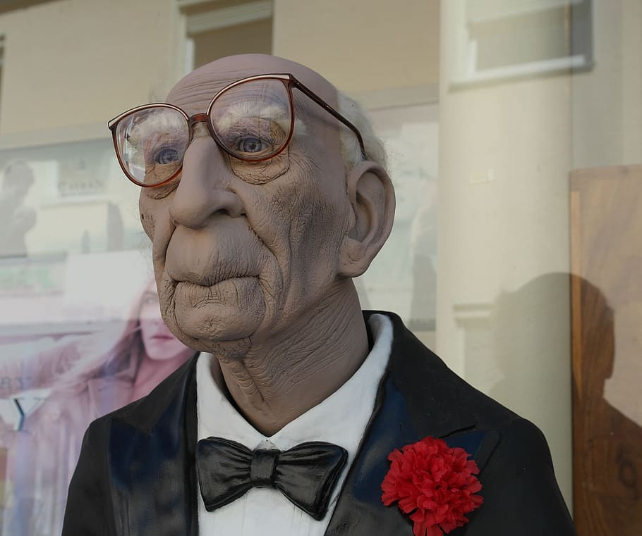 wax statue of old man wearing eyeglasses, waiter, upper, eat, HD wallpaper