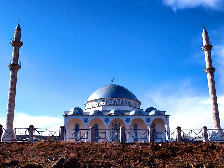 white and blue mosque, Kazakhstan, Building, Muslim, faith, religion