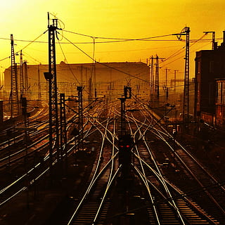 aerial view of train rails during golden hour, seemed, railway HD wallpaper