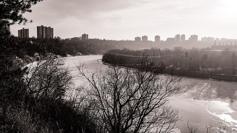 ice, river, edmonton, winter, snow, black and white, architecture HD wallpaper