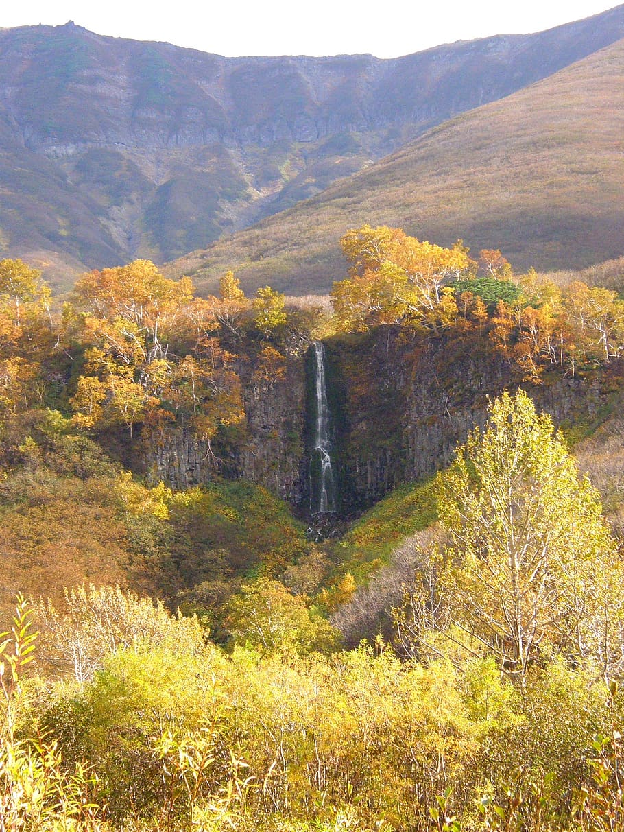 waterfall, spillway, autumn, fall colors, mountain stream, mountains, HD wallpaper