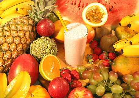 milk drink surrounded by assorted fruits, juices, table, orange HD wallpaper