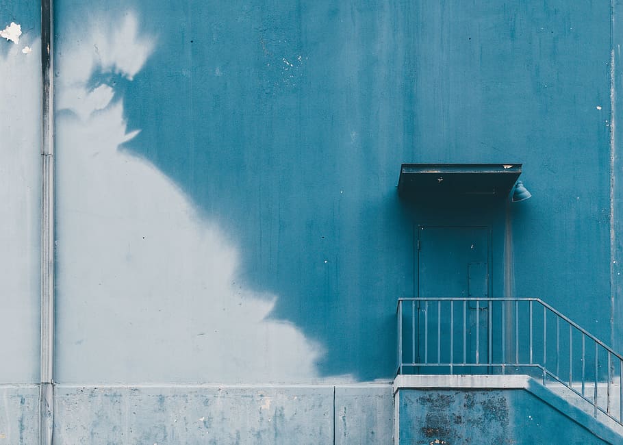 photo of gray steel handrails, closed fire exit door, Walls, facade HD wallpaper