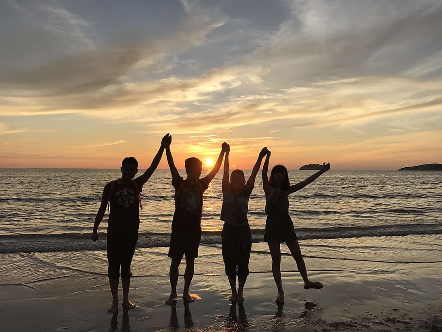 beach, hand, sunset, sea, water, sky, group of people, togetherness HD wallpaper