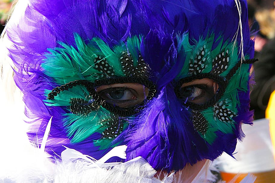 person wearing purple and teal masquerade, Mask, Mardi Gras, Fat Tuesday