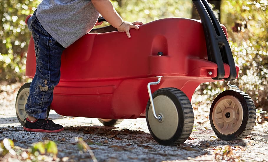 red, wagon, boy, child, kid, playing, fun, mode of transportation HD wallpaper