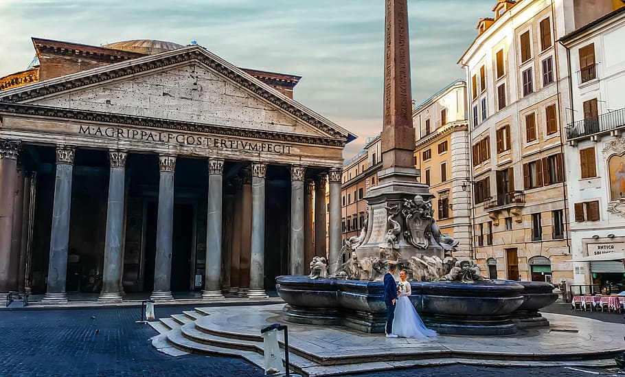 bride and groom standing near fountain and roman temple at daytime, HD wallpaper