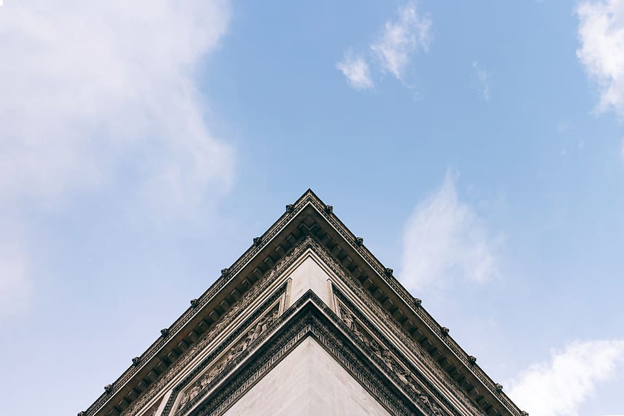 gray and black roof view from bottom, low angle photography of triangular concrete building HD wallpaper