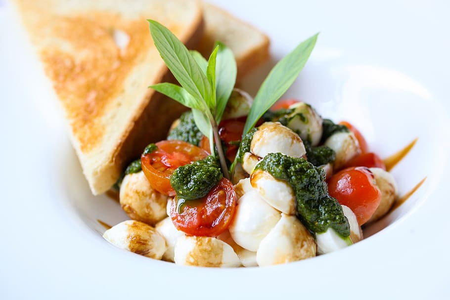 food, plate, salad, toast, appetizer, basil, caprese, cheese HD wallpaper
