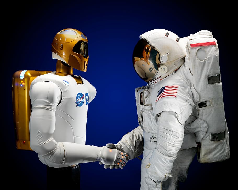 Nasa astronaut and robot shaking hands, robonaut, handshake, space, HD wallpaper