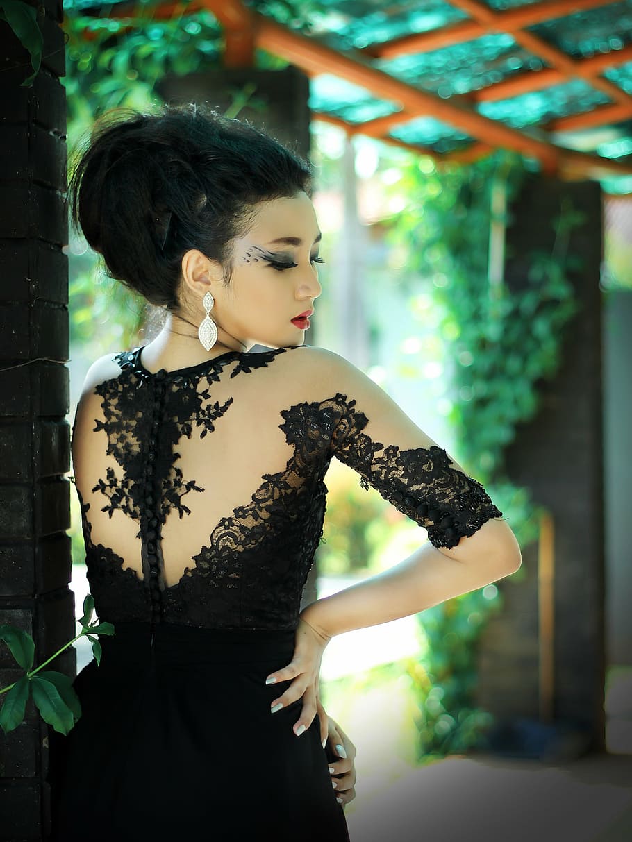 woman in black long-sleeved gown, female, back, beauty, model, HD wallpaper